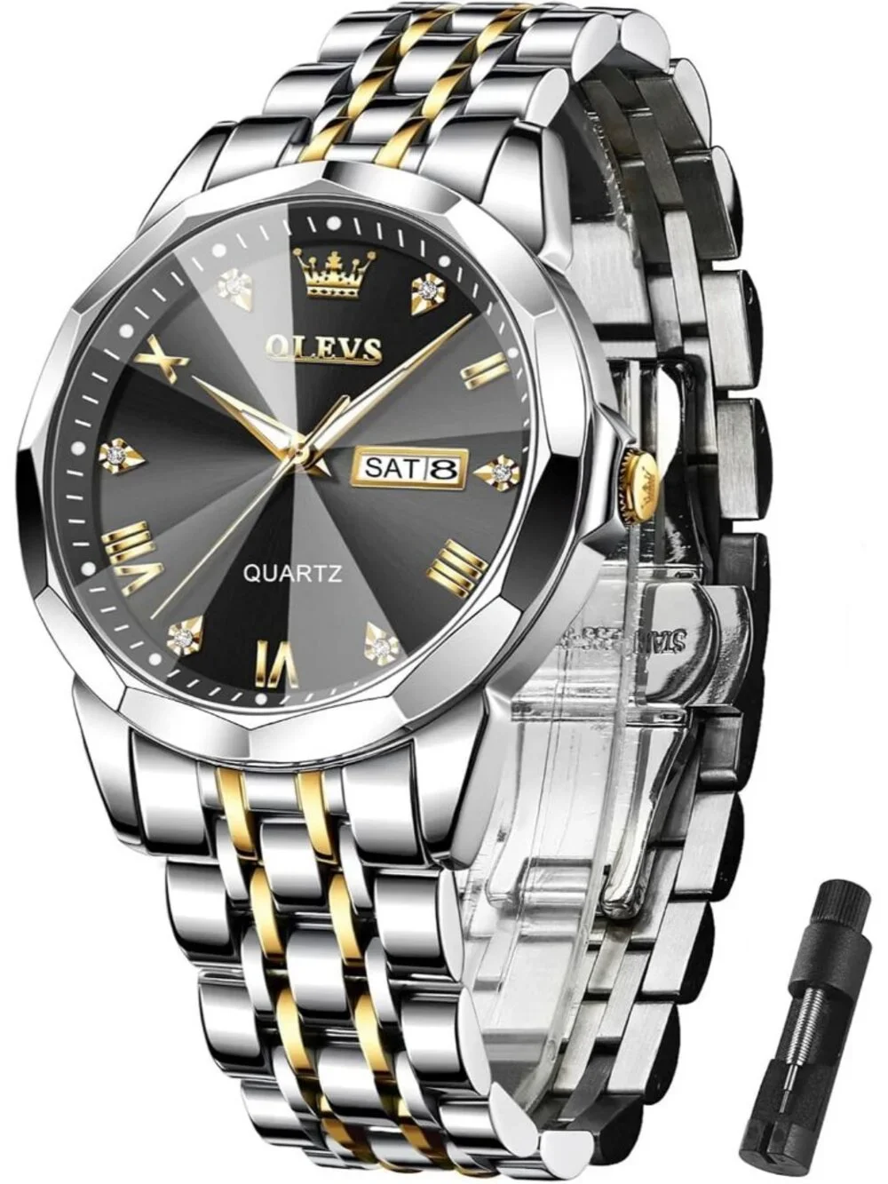 Men's Silver Black Stainless Steel Analog Quartz Diamond Waterproof Luxury Watch